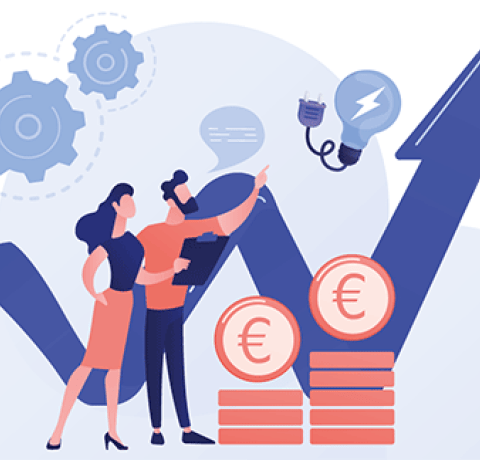 Ceci est une illustration abstraite qui montre des personnes devant une courbe qui monte et des pièces d'euros